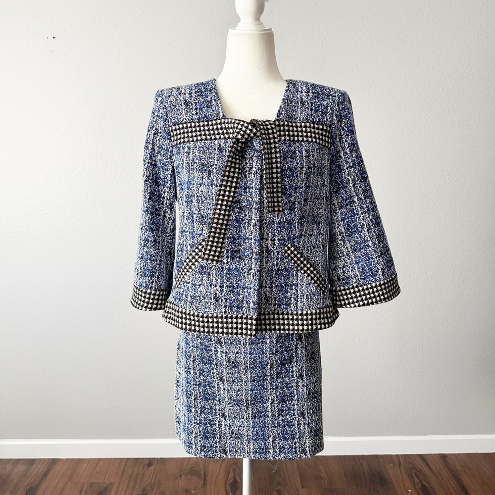CAbi Houndstooth Blue Black Mini Skirt & Jacket Set Women's size 6/medium